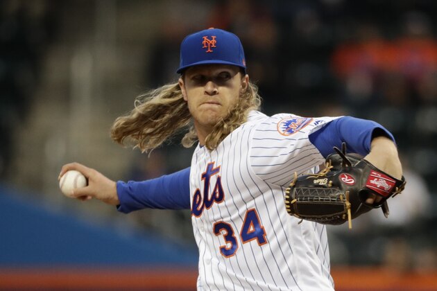 New York Mets' Noah Syndergaard delivers a pitch during the first inning of a baseball game against the Philadelphia Phillies Thursday, April 20, 2017, in New York. (AP Photo/Frank Franklin II)