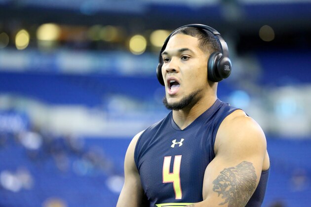 Pittsburgh running back James Conner is seen before a drill at the 2017 NFL football scouting combine Friday, March 3, 2017, in Indianapolis. (AP Photo/Gregory Payan)