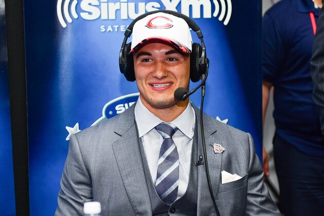 PHILADELPHIA, PA - APRIL 27:  Mitchell Trubisky of North Carolina visits the SiriusXM NFL Radio talkshow after being picked #2 overall by the Chicago Bears (from 49ers) during the first round of 2017 NFL Draft at Philadelphia Museum of Art on April 27, 2017 in Philadelphia, Pennsylvania.  (Photo by Lisa Lake/Getty Images for SiriusXM)