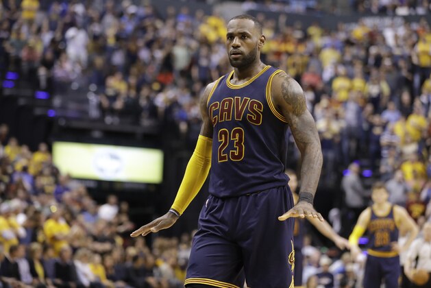 Cleveland Cavaliers' LeBron James in action during the second half in Game 4 of a first-round NBA basketball playoff series against the Indiana Pacers, Sunday, April 23, 2017, in Indianapolis. Cleveland defeated Indiana 106-102 and won the series 4-0. (AP Photo/Darron Cummings)