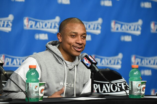 BOSTON, MA - APRIL 26:  Isaiah Thomas #4 of the Boston Celtics talks to the media during a press conference after Game Five of the Eastern Conference Quarterfinals against the Chicago Bulls during the 2017 NBA Playoffs on April 26, 2017 at TD Garden in Boston, MA. NOTE TO USER: User expressly acknowledges and agrees that, by downloading and or using this Photograph, user is consenting to the terms and conditions of the Getty Images License Agreement. Mandatory Copyright Notice: Copyright 2017 NBAE (Photo by Brian Babineau/NBAE via Getty Images)