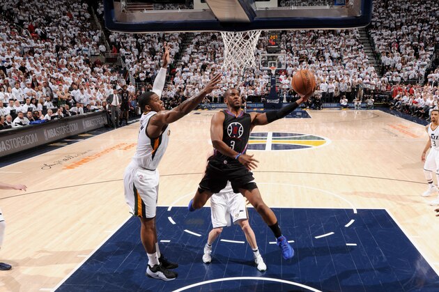 SALT LAKE CITY, UT - APRIL 28:  Chris Paul #3 of the Los Angeles Clippers goes to the basket against the Utah Jazz during Game Six of the Western Conference Quarterfinals of the 2017 NBA Playoffs on April 28, 2017 at vivint.SmartHome Arena in Salt Lake City, Utah. NOTE TO USER: User expressly acknowledges and agrees that, by downloading and/or using this Photograph, user is consenting to the terms and conditions of the Getty Images License Agreement. Mandatory Copyright Notice: Copyright 2017 NBAE (Photo by Andrew D. Bernstein/NBAE via Getty Images)
