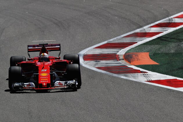 SOCHI, RUSSIA - APRIL 29: Sebastian Vettel of Germany driving the (5) Scuderia Ferrari SF70H on track during final practice for the Formula One Grand Prix of Russia on April 29, 2017 in Sochi, Russia.  (Photo by Mark Thompson/Getty Images)