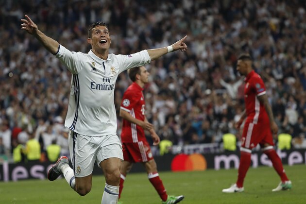 MADRID, SPAIN - APRIL 18: Cristiano Ronaldo of Real Madrid celebrates after scoring a goal during the UEFA Champions League Quarter Final second leg match between Real Madrid CF and FC Bayern Muenchen at Estadio Santiago Bernabeu on April 18, 2017 in Madrid, Spain. (Photo by TF-Images/Getty Images)