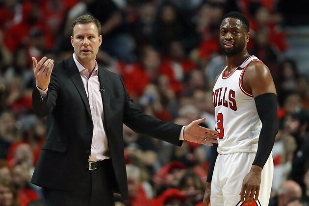 CHICAGO, IL - APRIL 23:    Head coach Fred Hoiberg of the Chicago Bulls gives instructions to Dwyane Wade #3 during Game Four of the Eastern Conference Quarterfinals against the Boston Celtics during the 2017 NBA Playoffs at the United Center on April 23, 2017 in Chicago, Illinois. The Celtics defeated the Bulls 104-95. (Photo by Jonathan Daniel/Getty Images)