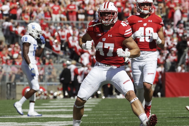 Wisconsin's Vince Biegel (47) celebrates after breaking up a third down play during the first half of an NCAA college football game against Georgia State Saturday, Sept. 17, 2016, in Madison, Wis. (AP Photo/Morry Gash)