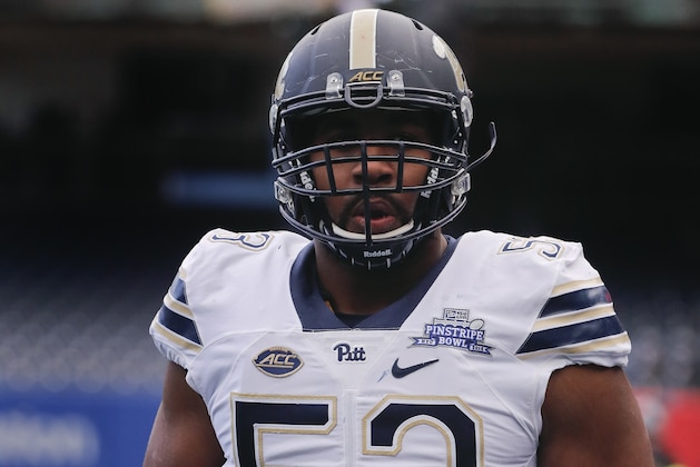 Pittsburgh offensive lineman Dorian Johnson (53) prepares to play against the Northwestern in the Pinstripe Bowl NCAA college football game, Wednesday, Dec. 28, 2016, in New York. (AP Photo/Julie Jacobson)