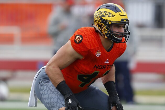 North squad inside linebacker Ben Gedeon of Michigan (42) lines up for a play during the first half of the Senior Bowl NCAA college football game, Saturday, Jan. 28, 2017, at Ladd-Peebles Stadium in Mobile, Ala. (AP Photo/Butch Dill)