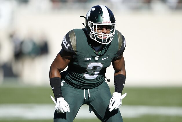 EAST LANSING, MI - NOVEMBER 14: Montae Nicholson #9 of the Michigan State Spartans in action against the Maryland Terrapins during the game at Spartan Stadium on November 14, 2015 in East Lansing, Michigan. Michigan State defeated Maryland 24-7. (Photo by Joe Robbins/Getty Images)
