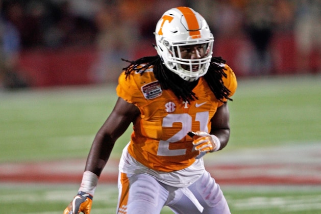 Tennessee linebacker Jalen Reeves-Maybin (21) is seen in the second half of an NCAA college football game against Virginia Tech played at Bristol Motor Speedway Saturday, Sept. 10, 2016, in Bristol, Tenn. (AP Photo/Wade Payne)