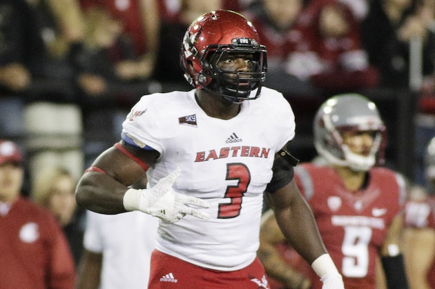 Eastern Washington defensive lineman Samson Ebukam (3) stands on the field during the second half of an NCAA college football game against Washington State in Pullman, Wash., Saturday, Sept. 3, 2016. (AP Photo/Young Kwak)
