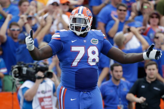 Florida offensive lineman David Sharpe celebrates a touchdown against Tennessee during the first half of an NCAA college football game, Saturday, Sept. 26, 2015, in Gainesville, Fla. (AP Photo/John Raoux)