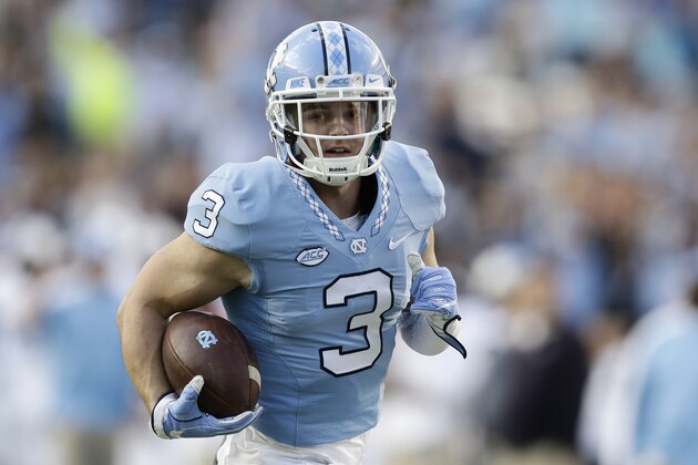 North Carolina's Ryan Switzer (3) runs the ball against The Citadel during the first half of an NCAA college football game in Chapel Hill, N.C., Saturday, Nov. 19, 2016. (AP Photo/Gerry Broome)