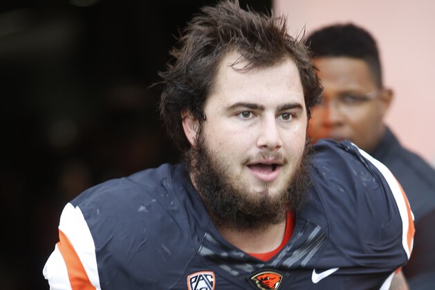 Oregon State offensive tackle Sean Harlow before an NCAA college football game in Corvallis, Ore., Saturday Nov. 26, 2016. Oregon State won 34-24. (AP Photo/Timothy J. Gonzalez)