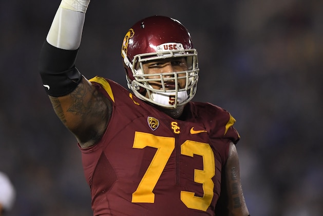 Southern California offensive tackle Zach Banner gestures during the second half of an NCAA college football game against UCLA, Saturday, Nov. 19, 2016, in Pasadena, Calif. Southern California won 36-14.  (AP Photo/Mark J. Terrill)