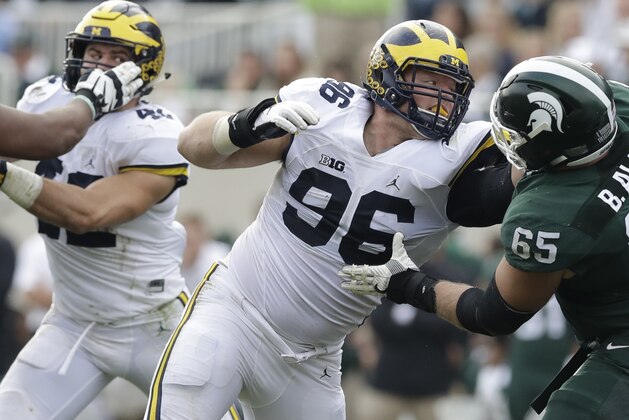 Michigan defensive tackle Ryan Glasgow blocks during the second half of a college football game against Michigan State, Saturday, Oct. 29, 2016, in East Lansing, Mich. (AP Photo/Carlos Osorio)