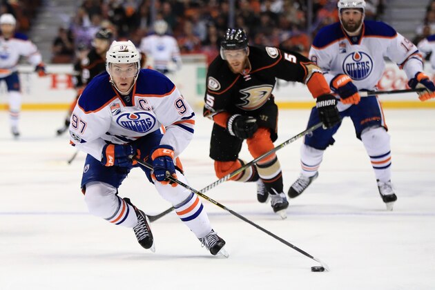 ANAHEIM, CA - APRIL 28:  Connor McDavid #97 of the Edmonton Oilers skates up ice during the second period of Game Two of the Western Conference Second Round during the 2017  NHL Stanley Cup Playoffs against the Anaheim Ducks  at Honda Center on April 28, 2017 in Anaheim, California.  (Photo by Sean M. Haffey/Getty Images)