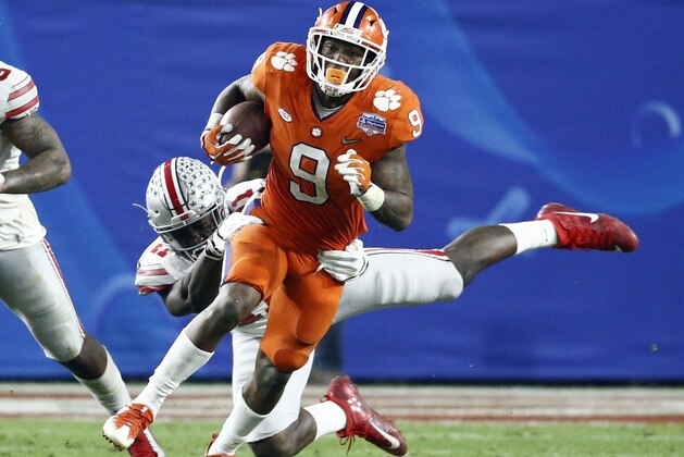 Clemson running back Wayne Gallman (9) runs against Ohio State during the second half of the Fiesta Bowl NCAA college football game, Saturday, Dec. 31, 2016, in Glendale, Ariz. (AP Photo/Ross D. Franklin)