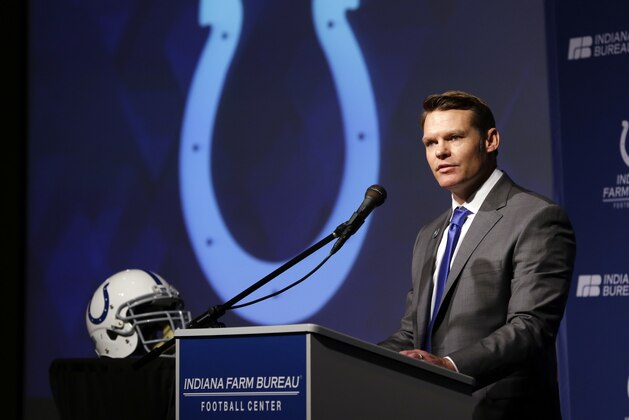 Colts general manager Chris Ballard answers questions after he was introduced by owner Jim Irsay during a news conference at the NFL team's practice facility in Indianapolis, Monday, Jan. 30, 2017. (AP Photo/Michael Conroy)