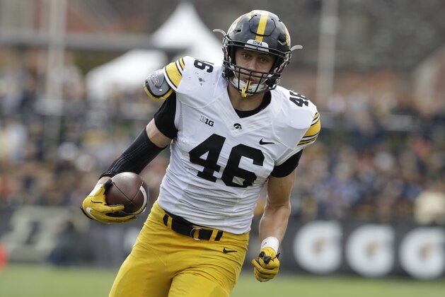 Iowa tight end George Kittle runs during the first half of an NCAA college football game against Purdue, Saturday, Oct. 15, 2016, in West Lafayette, Ind. (AP Photo/Darron Cummings)