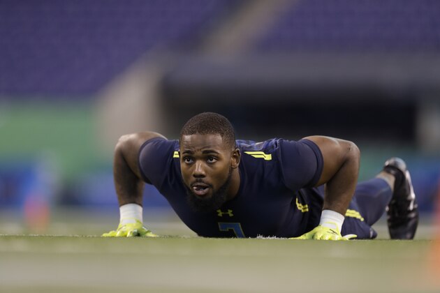 Ohio linebacker Blair Brown runs a drill at the NFL football scouting combine Sunday, March 5, 2017, in Indianapolis. (AP Photo/David J. Phillip)