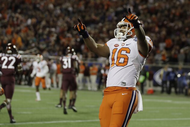 Clemson tight end Jordan Leggett (16) celebrates his touchdown during the first half of the Atlantic Coast Conference championship NCAA college football game against Virginia Tech, Saturday, Dec. 3, 2016, in Orlando, Fla. (AP Photo/Chris O'Meara)