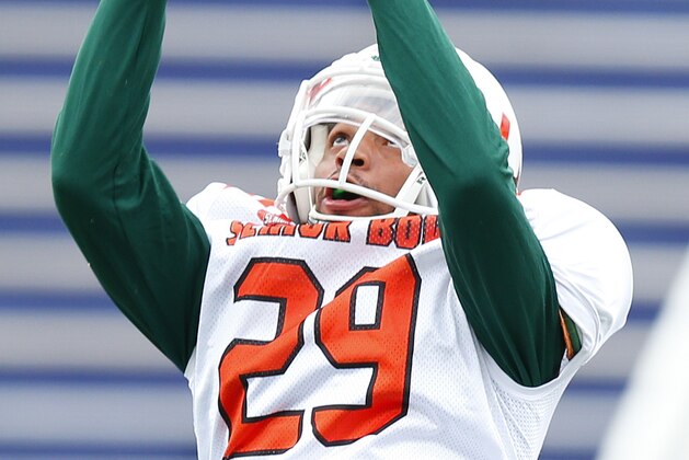 South squad cornerback Corn Elder of Miami (29) practices for Saturday's Senior Bowl college football game in Mobile, Ala., Thursday, Jan. 26, 2017. (AP Photo/Brynn Anderson)