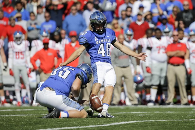 Memphis place kicker Jake Elliott (46) kicks a field goal against Mississippi in the second half of an NCAA college football game Saturday, Oct. 17, 2015, in Memphis, Tenn. Memphis upset Mississippi 37-24. (AP Photo/Mark Humphrey)