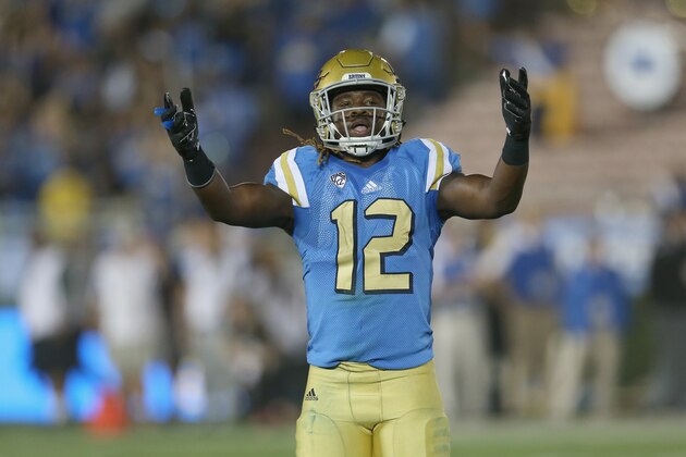 PASADENA, CA - SEPTEMBER 10:  Linebacker Jayon Brown #12 of the UCLA Bruins exhorts the crowd in the game against the UNLV Rebels at the Rose Bowl on September 10, 2016 in Pasadena, California.  (Photo by Stephen Dunn/Getty Images)