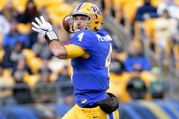 Pittsburgh quarterback Nathan Peterman (4) prepares to throw the ball during an NCAA college football game against Duke in Pittsburgh, Saturday, Nov. 19, 2016. (AP Photo/Fred Vuich) Pittsburgh quarterback Nathan Peterman (4) prepares to throw the ball during an NCAA college football game against Duke in Pittsburgh, Saturday, Nov. 19, 2016. (AP Photo/Fred Vuich)