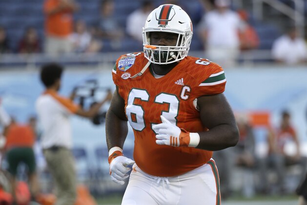 Miami offensive lineman Danny Isidora (63) warms up before the first half of the Russell Athletic Bowl NCAA college football game against West Virginia, Wednesday, Dec. 28, 2016, in Orlando, Fla. (AP Photo/John Raoux)