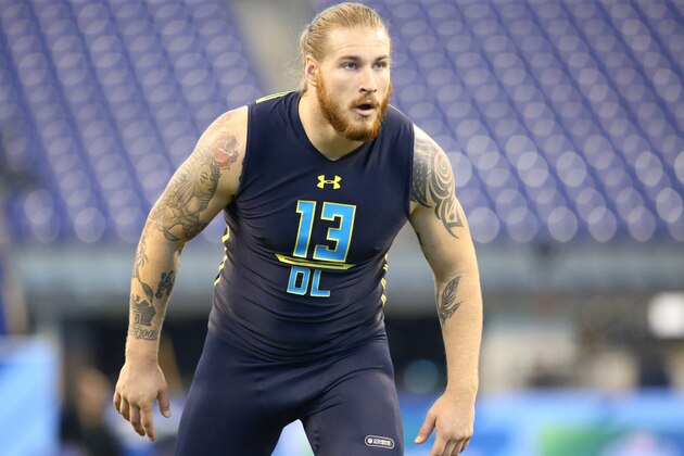 West Georgia defensive end Dylan Donahue competes in a drill at the 2017 NFL football scouting combine Sunday, March 5, 2017, in Indianapolis. (AP Photo/Gregory Payan)