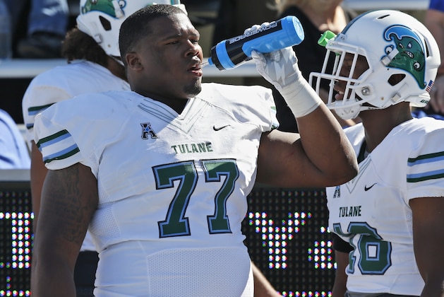 Tulane defensive tackle Tanzel Smart (77) is pictured before an NCAA college football game between Tulane and Tulsa in Tulsa, Okla., Saturday, Oct. 22, 2016. Tulsa won 50-27. (AP Photo/Sue Ogrocki)