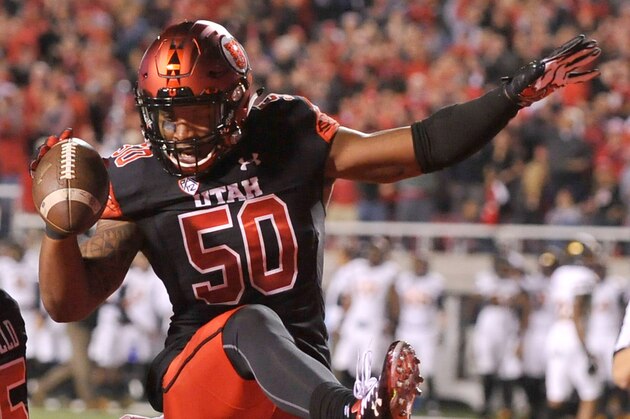 SALT LAKE CITY, UT - OCTOBER 17: Pita Taumoepenu #50 of the Utah Utes celebrates a called touchdown against the Arizona State Sun Devils during their game at Rice-Eccles Stadium on October 17, 2015 in Salt Lake City, Utah. The call was later reversed. (Photo by Gene Sweeney Jr/Getty Images)