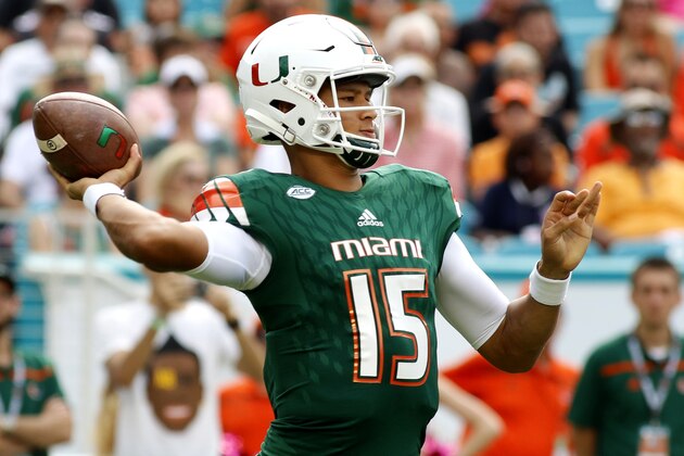 Miami quarterback Brad Kaaya (15) throws against Virginia Tech in the first quarter of an NCAA college football game, Saturday, Oct. 17, 2015, in Miami Gardens, Fla. (AP Photo/Joe Skipper)