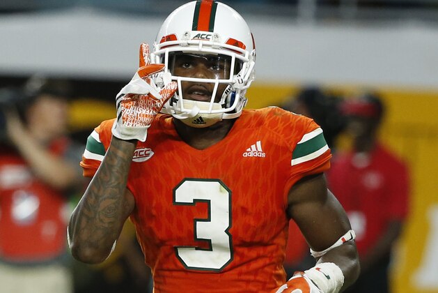 Miami Hurricanes wide receiver Stacy Coley (3) gestures after scoring a touchdown during the second half of an NCAA college football game against Florida State, Saturday, Oct. 8, 2016, in Miami Gardens. (AP Photo/Wilfredo Lee)