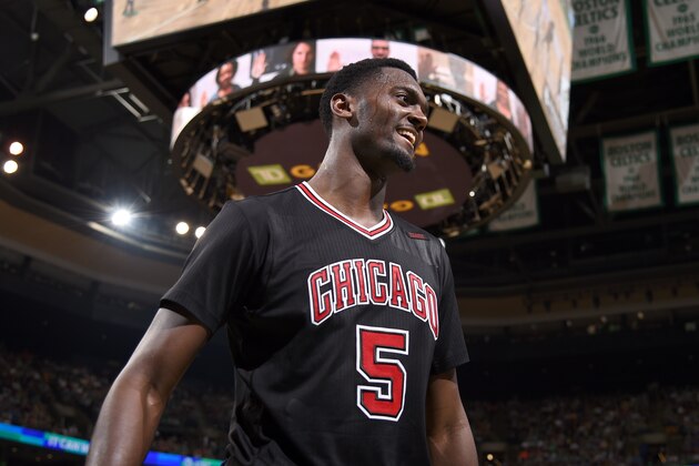 BOSTON, MA - APRIL 16:  Bobby Portis #5 of the Chicago Bulls looks on during the game against the Boston Celtics during the Eastern Conference Quarter-finals of the 2017 NBA Playoffs on April 16, 2017 at TD Garden in Boston, MA. NOTE TO USER: User expressly acknowledges and agrees that, by downloading and or using this Photograph, user is consenting to the terms and conditions of the Getty Images License Agreement. Mandatory Copyright Notice: Copyright 2017 NBAE (Photo by Brian Babineau/NBAE via Getty Images)