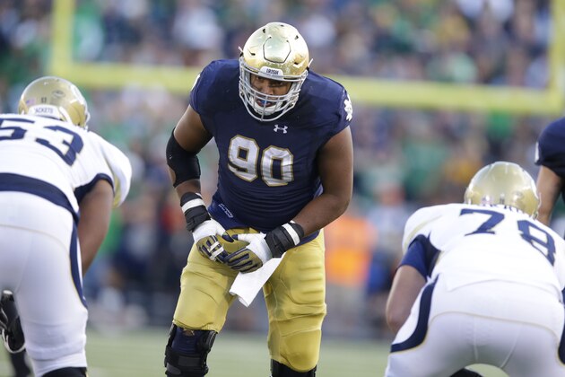 Notre Dame defensive lineman Isaac Rochell (90) during the second half of an NCAA college football game against Georgia Tech in South Bend, Ind., Saturday, Sept. 19, 2015. Notre Dame defeated Georgia Tech  30-22. (AP Photo/Michael Conroy)