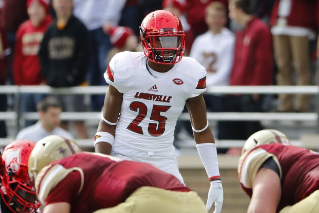 Louisville safety Josh Harvey-Clemons during the first half of an NCAA football game against the Boston College at Alumni Stadium in Boston, Mass. Saturday, Nov. 5, 2016. (AP Photo/Winslow Townson)
