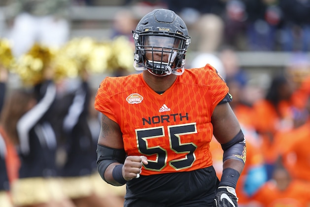 North squad center Kyle Fuller of Baylor (55) runs on the field during player introductions of the Senior Bowl NCAA college football game, Saturday, Jan. 28, 2017, at Ladd-Peebles Stadium in Mobile, Ala. (AP Photo/Butch Dill)