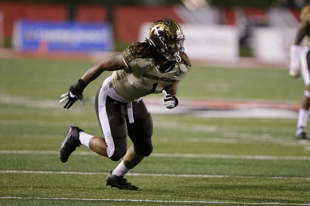 Western Michigan defensive end Keion Adams (1) during the second half of an NCAA college football game against Ball State in Muncie, Ind., Tuesday, Nov. 1, 2016. (AP Photo/Michael Conroy)