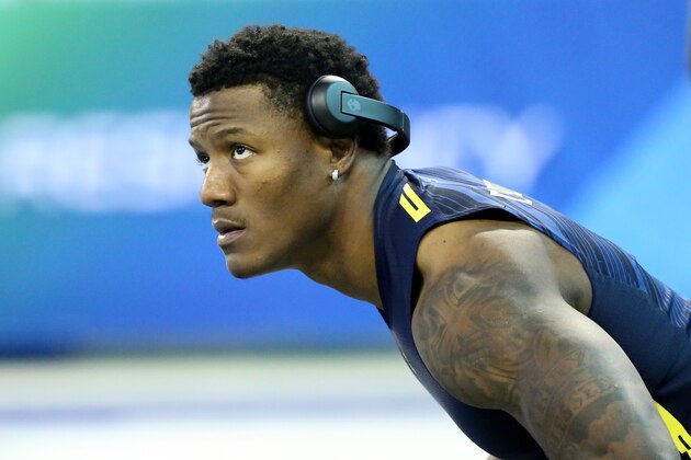 Oklahoma State running back Christopher Carson is seen before a drill at the 2017 NFL football scouting combine Friday, March 3, 2017, in Indianapolis. (AP Photo/Gregory Payan)