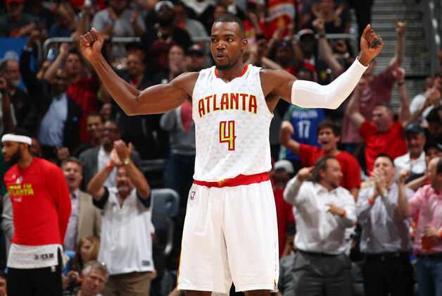 ATLANTA, GA - APRIL 24:  Paul Millsap #4 of the Atlanta Hawks celebrates during Game Four of the Eastern Conference Quarterfinals of the 2017 NBA Playoffs on April 24, 2017 at Philips Arena in Atlanta, Georgia. NOTE TO USER: User expressly acknowledges and agrees that, by downloading and/or using this photograph, user is consenting to the terms and conditions of the Getty Images License Agreement. Mandatory Copyright Notice: Copyright 2017 NBAE (Photo by Kevin Liles/NBAE via Getty Images)