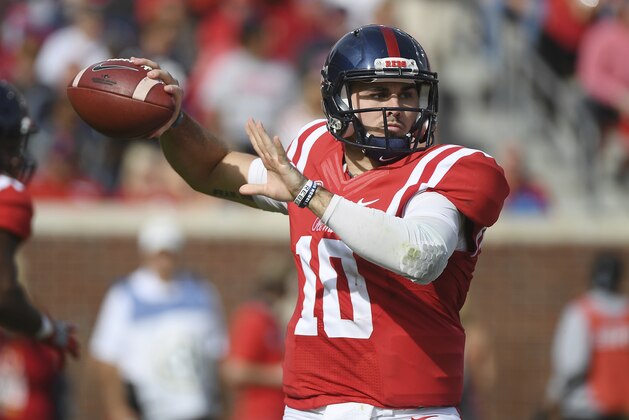 Mississippi quarterback Chad Kelly (10) passes during the first quarter of an NCAA college football game against Georgia Southern in Oxford, Miss., Saturday, Nov. 5, 2016. Mississippi won 37-27. (AP Photo/Thomas Graning)