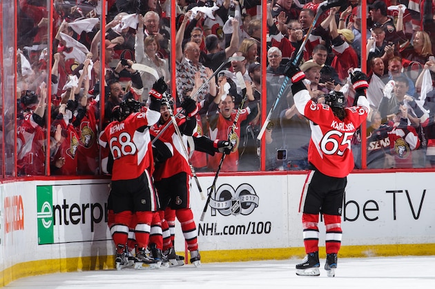 OTTAWA, ON - APRIL 29:  Jean-Gabriel Pageau #44 of the Ottawa Senators celebrates his third period game tying goal and hat trick against the New York Rangers with teammates Erik Karlsson #65, Mike Hoffman #68 and Bobby Ryan #9 in Game Two of the Eastern Conference Second Round during the 2017 NHL Stanley Cup Playoffs at Canadian Tire Centre on April 29, 2017 in Ottawa, Ontario, Canada.  (Photo by Jana Chytilova/Freestyle Photography/Getty Images)