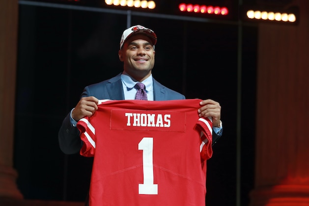 Stanford's Solomon Thomas poses after being selected by the San Francisco 49ers during the first round of the 2017 NFL football draft, Thursday, April 27, 2017, in Philadelphia.  (Jeff Haynes/AP Images for Panini)