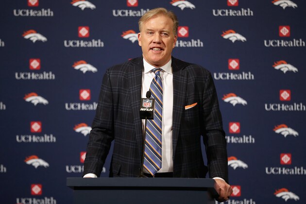 ENGLEWOOD, CO - JANUARY 12:  Denver Broncos General Manager John Elway fields questions from the media during a press conference to introduce Vance Josepf as the new head coach at the Paul D. Bowlen Memorial Broncos Centre on January 12, 2017 in Englewood, Colorado.  (Photo by Matthew Stockman/Getty Images)