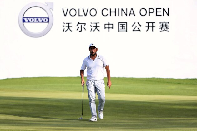 Alexander Levy of France reacts during the third round of the China Open golf tournament in Beijing on April 29, 2017. / AFP PHOTO / STR / China OUT        (Photo credit should read STR/AFP/Getty Images)