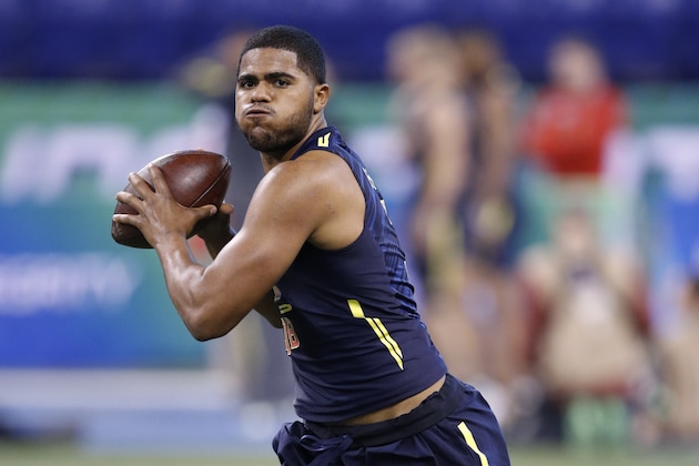 INDIANAPOLIS, IN - MARCH 04: Quarterback Jerod Evans of Virginia Tech in action during day four of the NFL Combine at Lucas Oil Stadium on March 4, 2017 in Indianapolis, Indiana. (Photo by Joe Robbins/Getty Images)