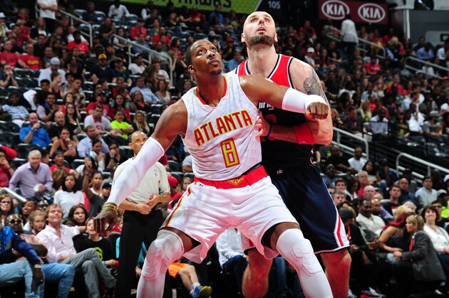 ATLANTA, GA - APRIL 28: Dwight Howard #8 of the Atlanta Hawks boxes out Marcin Gortat #13 of the Washington Wizards during Game Six of the Eastern Conference Quarterfinals of the 2017 NBA Playoffs on April 28, 2017 at Philips Arena in Atlanta, Georgia. NOTE TO USER: User expressly acknowledges and agrees that, by downloading and/or using this Photograph, user is consenting to the terms and conditions of the Getty Images License Agreement. Mandatory Copyright Notice: Copyright 2017 NBAE (Photo by Scott Cunningham/NBAE via Getty Images) ATLANTA, GA - APRIL 28: Dwight Howard #8 of the Atlanta Hawks boxes out Marcin Gortat #13 of the Washington Wizards during Game Six of the Eastern Conference Quarterfinals of the 2017 NBA Playoffs on April 28, 2017 at Philips Arena in Atlanta, Georgia. NOTE TO USER: User expressly acknowledges and agrees that, by downloading and/or using this Photograph, user is consenting to the terms and conditions of the Getty Images License Agreement. Mandatory Copyright Notice: Copyright 2017 NBAE (Photo by Scott Cunningham/NBAE via Getty Images)